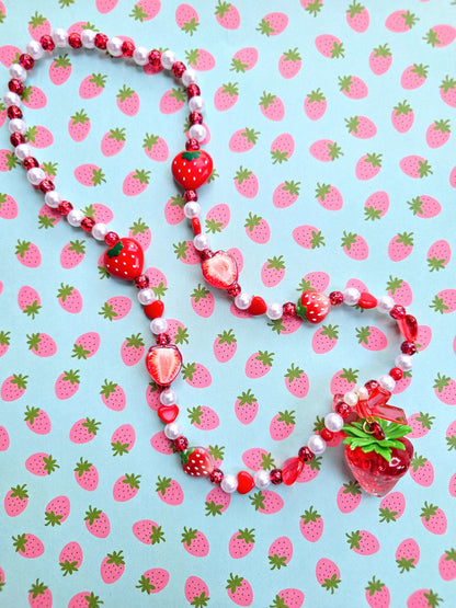 Beaded Strawberry Necklace | Pastel Red Necklace | Red Heart Necklace | Cottage Core Necklace | Classic Lolita Necklace