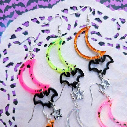 Neon Halloween Shape Earrings | Halloween Earrings | Moon Earrings | Bat Earrings | Gothic Halloween