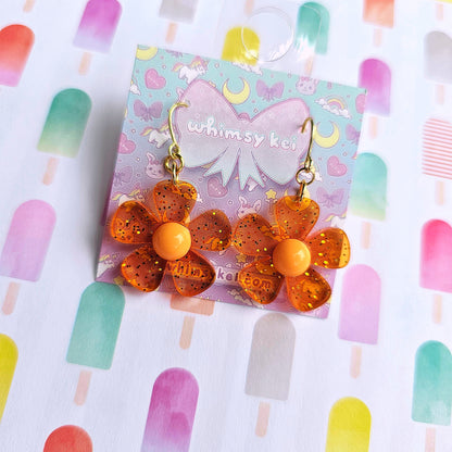 Orange Daisy Earrings | Orange Flower Earrings | Glitter Earrings | Spring Earrings | Summer Earrings