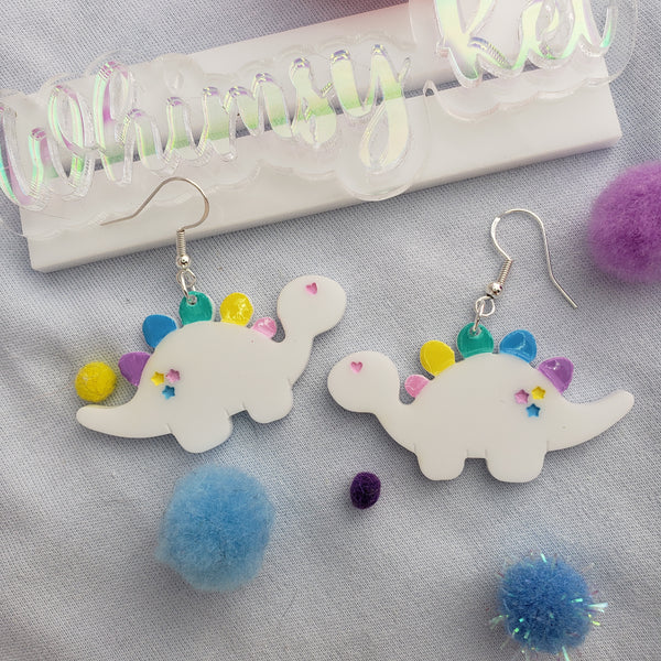 Rainbow Stegosaurus Earrings | White Dinosaur Earrings | Rainbow Dinosaur | White Stegosaurus | Dino Core | Kawaii Dino