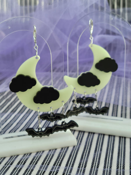 Glow in the Dark Moon Earrings | Halloween Earrings | Spooky Bat Earrings | Moon Chandelier Earrings | Gothic Lolita Earrings