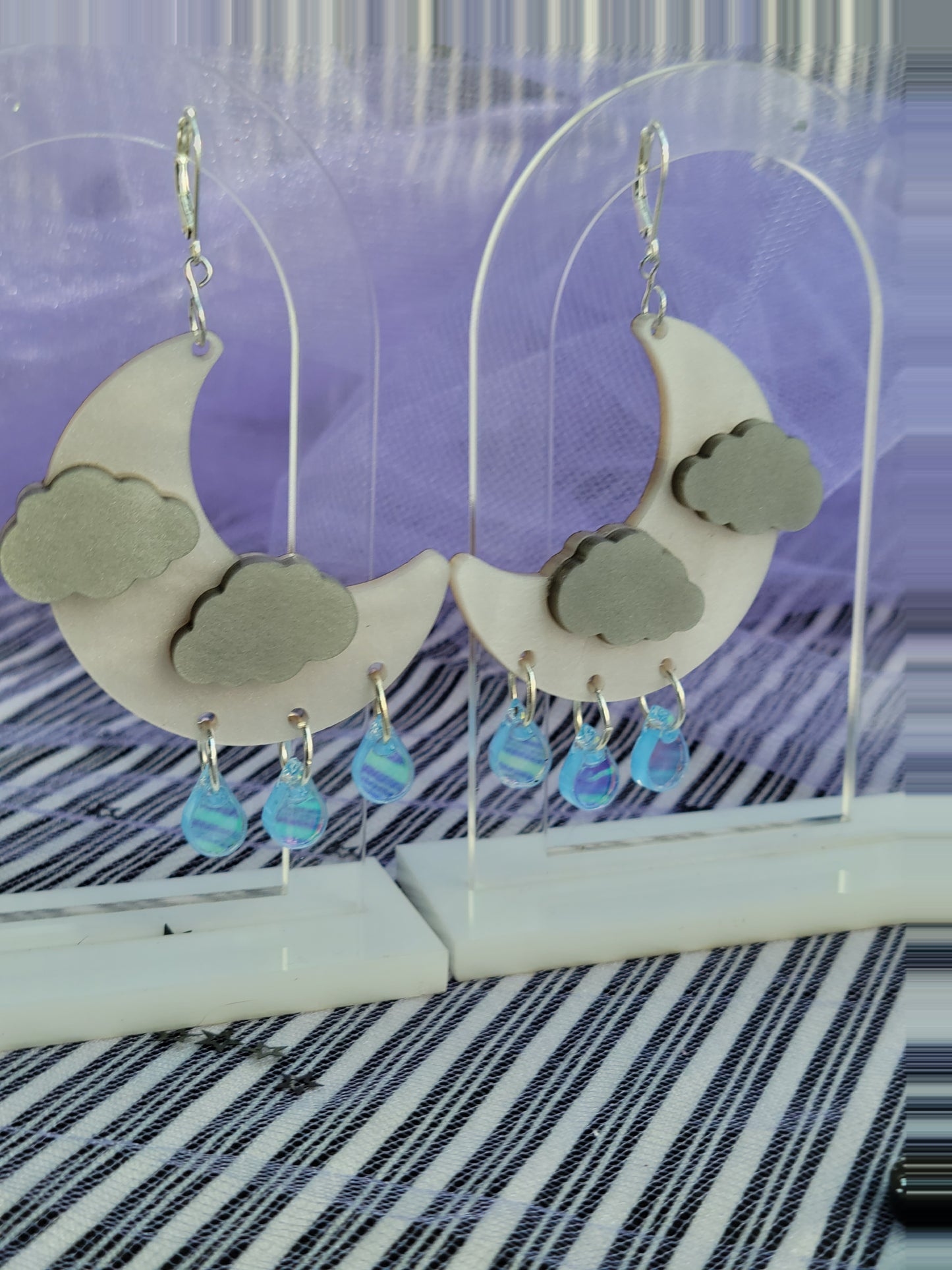 Rainy Moon Earrings | Rain Cloud Earrings | Summer Earrings | Moon Chandelier Earrings