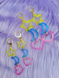 Star Moon Heart Triplet Dangle Earring | Favorite Charm Earrings | Trio of Shapes Earrings | Fairy Kei Earrings | Decora Kei