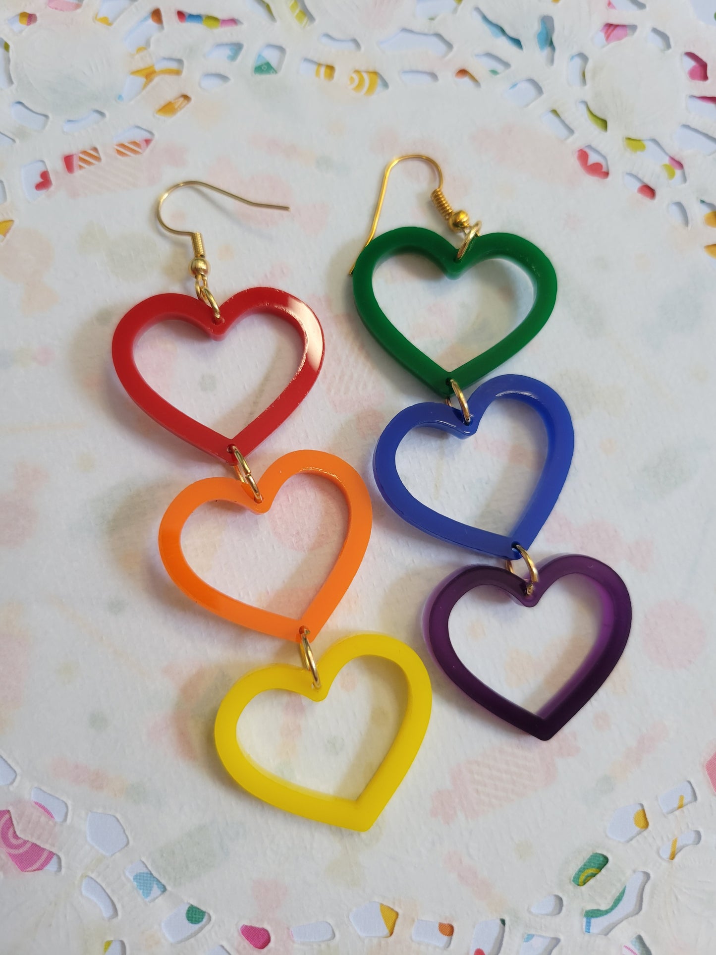 Rainbow Decora Kei Earrings | Rainbow Heart Earrings | Rainbow Earrings | Decora Earrings | Bright Hearts | Heart Dangling Earrings