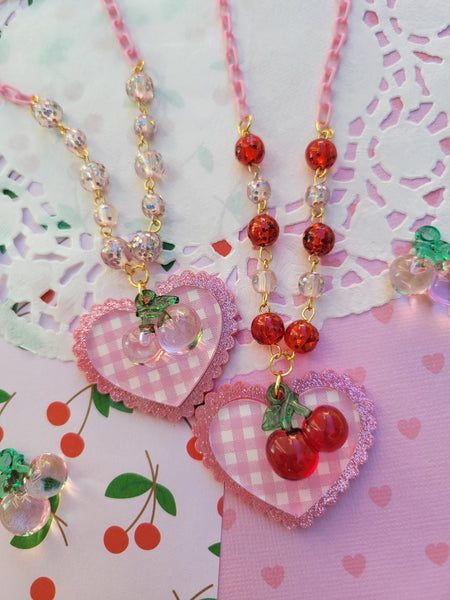 Pink Gingham Necklace | Sweet Cherry Necklace | Red Cherry | Pink Cherry | Summer Necklace | Classic Lolita Necklace