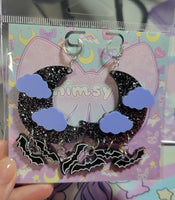 Sparkly Black Moon Earrings | Halloween Earrings | Spooky Bat Earrings | Moon Chandelier Earrings | Gothic Lolita Earrings