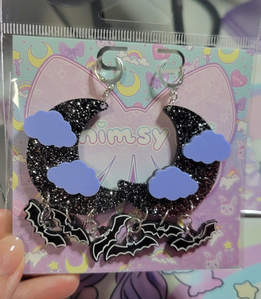 Sparkly Black Moon Earrings | Halloween Earrings | Spooky Bat Earrings | Moon Chandelier Earrings | Gothic Lolita Earrings