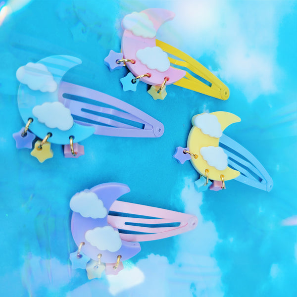 Mini Dreamy Moon Barrettes | Pastel Moon | Fairy Kei Moon | Decora Kei Barrette | Sweet Lolita Clips | Pastel Sky | Dreamy Sky