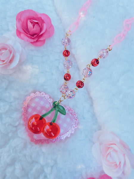Large Pink Gingham Necklace | Sweet Cherry Necklace | Red Cherry | Summer Necklace | Classic Lolita Necklace