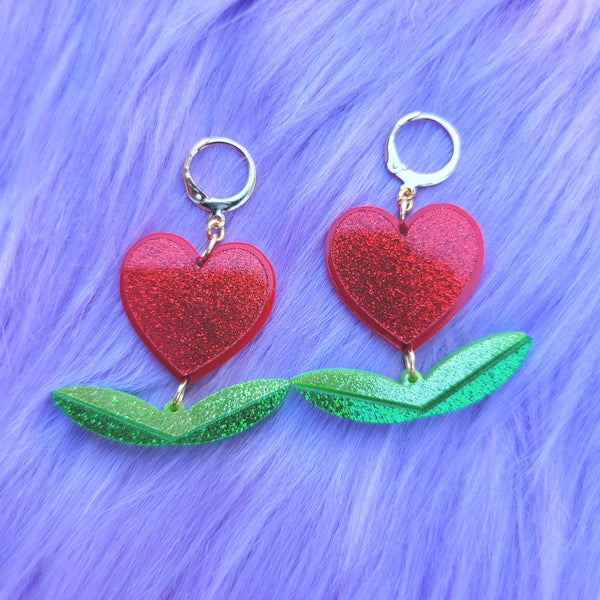 Heart Flower Earrings | Red Heart Earrings | Valentines Earrings | Lovecore Earrings