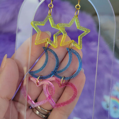 Star Moon Heart Triplet Dangle Earring | Favorite Charm Earrings | Trio of Shapes Earrings | Fairy Kei Earrings | Decora Kei