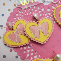Pink and Yellow Heart Earrings | Scalloped Heart  | Pink Heart | Sweet Lolita Earrings | Yume Kawaii Earrings | Pink Bow | Yellow Bow