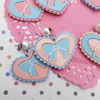 Pink and Blue Heart Earrings | Scalloped Heart  | Pink Heart | Sweet Lolita Earrings | Yume Kawaii Earrings | Pink Bow | Blue Bow