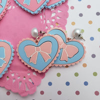 Pink and Blue Heart Earrings | Scalloped Heart  | Pink Heart | Sweet Lolita Earrings | Yume Kawaii Earrings | Pink Bow | Blue Bow