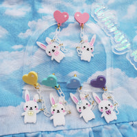 Balloon Bunny Earrings | Heart Balloon Earrings | Dangling Bunnies | Kawaii Heart Earrings